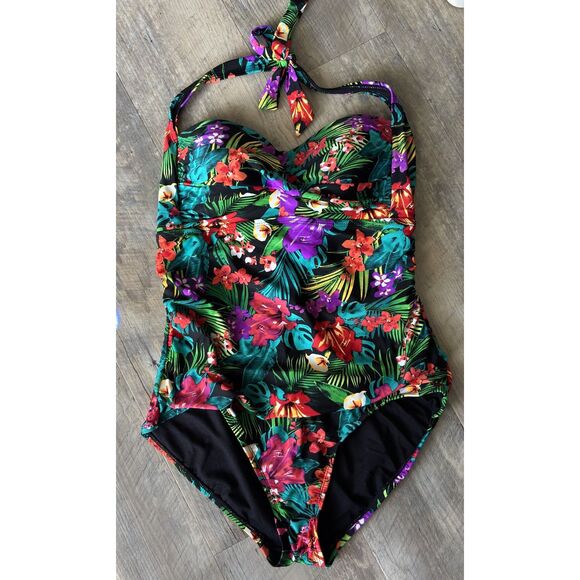 Catalina Women's XL 16-18 Twist Front Ruched Tropical Floral One Piece Swimsuit - Picture 1 of 6
